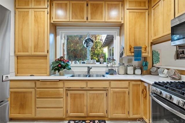 kitchen with light brown cabinets, appliances with stainless steel finishes, and sink