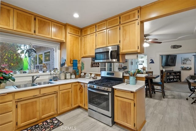 kitchen with kitchen peninsula, appliances with stainless steel finishes, sink, and light hardwood / wood-style flooring