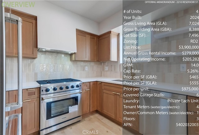 kitchen with light hardwood / wood-style floors, decorative backsplash, and stainless steel stove