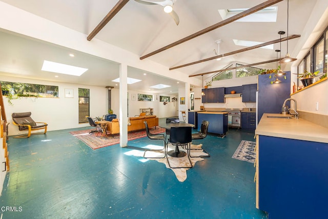 interior space with lofted ceiling with skylight, a healthy amount of sunlight, and sink