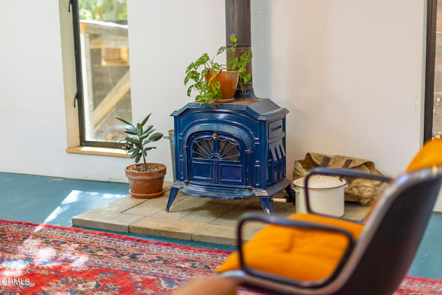 room details featuring a wood stove