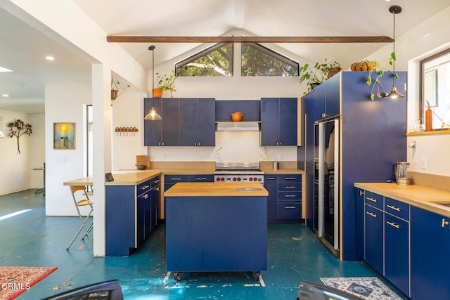 kitchen featuring a kitchen island, butcher block counters, lofted ceiling with beams, decorative light fixtures, and blue cabinetry