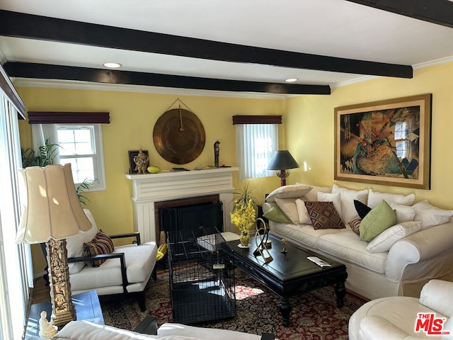 living room with beamed ceiling, ornamental molding, and plenty of natural light