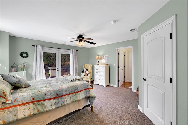 carpeted bedroom with french doors, ceiling fan, and access to outside