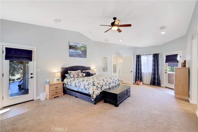 bedroom featuring ceiling fan, light carpet, lofted ceiling, and access to exterior