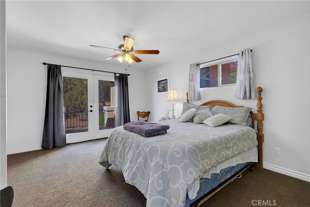 bedroom with french doors, ceiling fan, dark colored carpet, and access to exterior