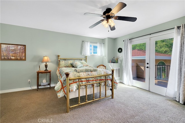 bedroom with french doors, ceiling fan, carpet flooring, and access to exterior