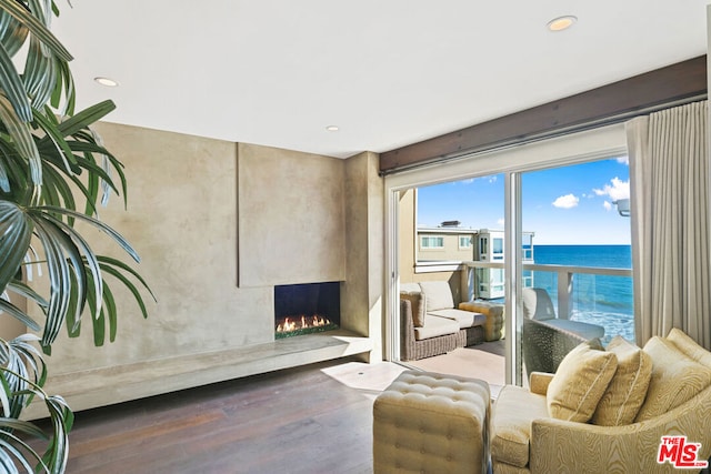 living room featuring a water view, dark wood-type flooring, and a fireplace