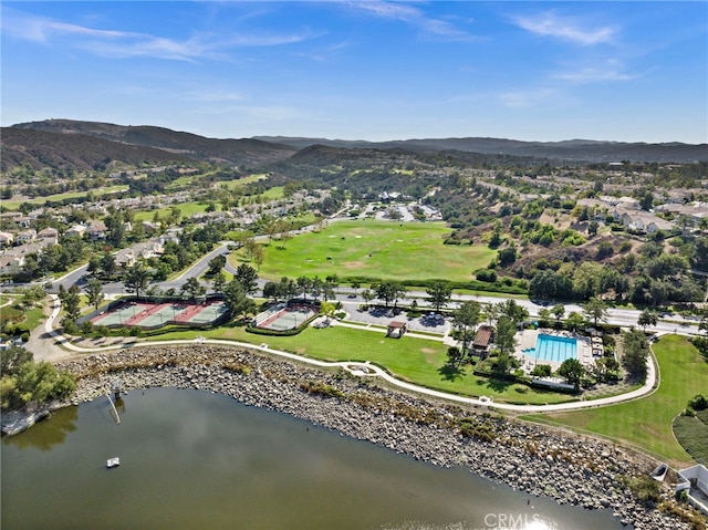 aerial view with a water and mountain view