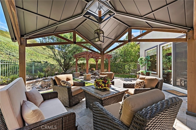 view of patio with a gazebo and outdoor lounge area