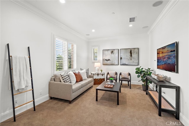 living room with light colored carpet and crown molding