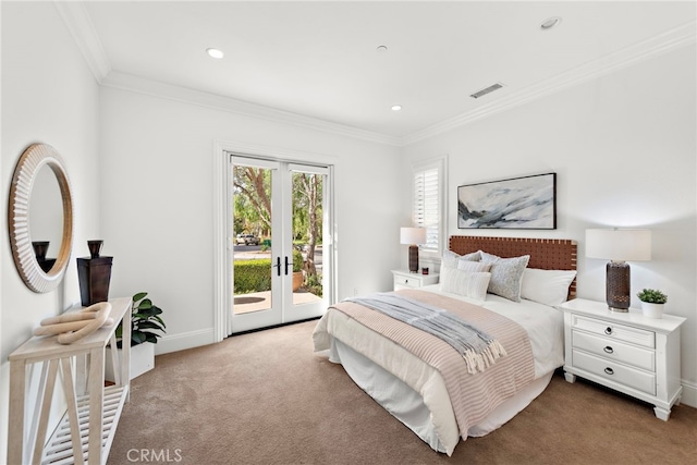 carpeted bedroom with french doors, access to outside, and crown molding