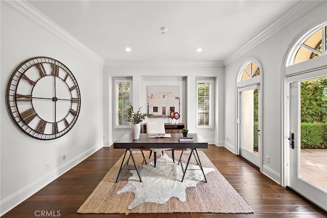 office with dark hardwood / wood-style floors and ornamental molding