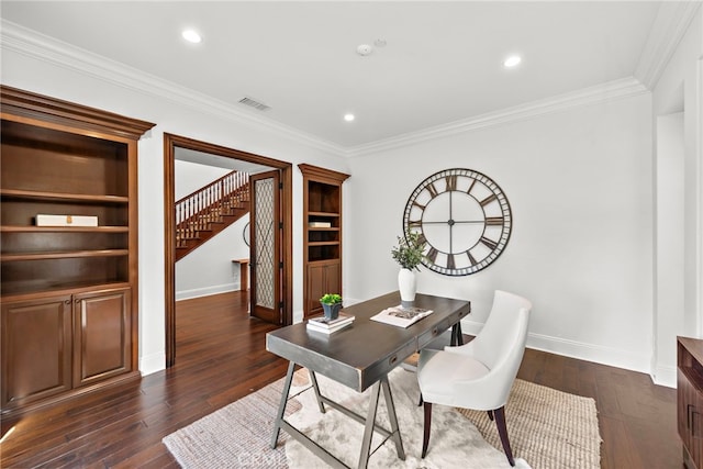 office space featuring dark hardwood / wood-style floors and ornamental molding