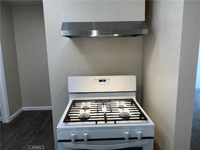 details with ventilation hood, hardwood / wood-style floors, and white gas range oven