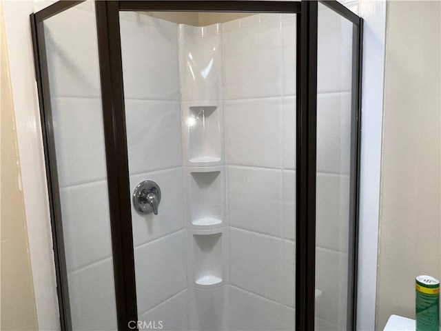 bathroom with a shower with door