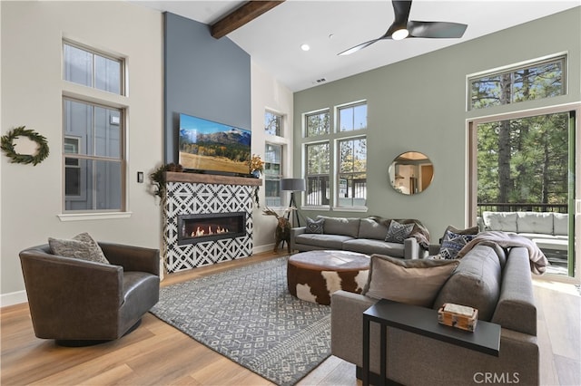 living room with high vaulted ceiling, wood-type flooring, and beamed ceiling