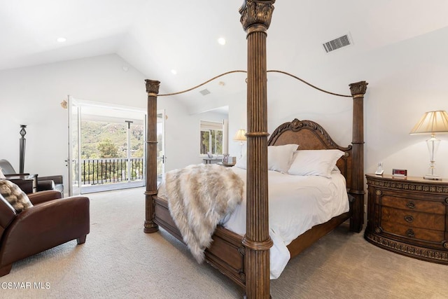 bedroom featuring carpet floors, access to outside, and vaulted ceiling