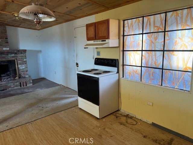 kitchen featuring white electric range, wooden ceiling, light wood-type flooring, and a fireplace