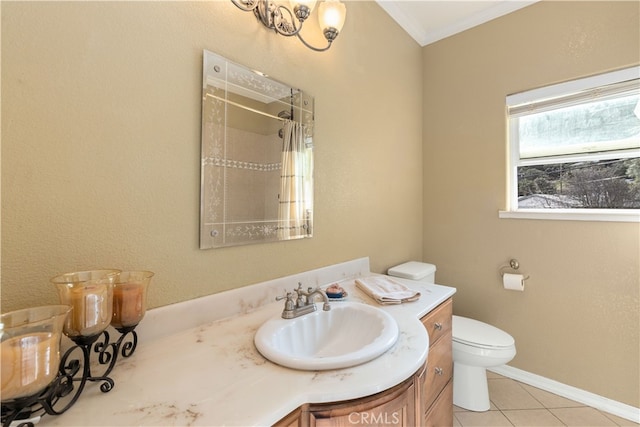 bathroom featuring toilet, tile patterned floors, a shower with curtain, vanity, and ornamental molding