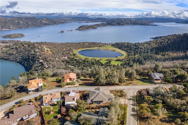 bird's eye view featuring a water and mountain view