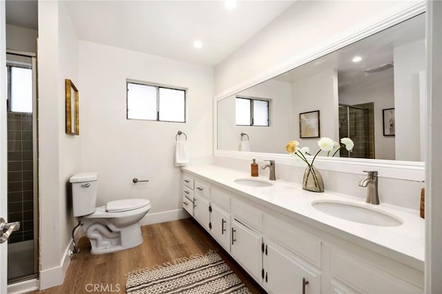 bathroom featuring vanity, a healthy amount of sunlight, a shower with shower door, and wood-type flooring