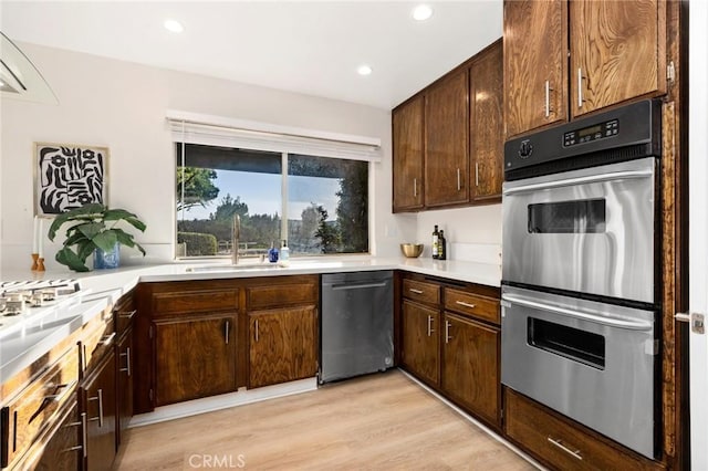 kitchen with dark brown cabinets, light hardwood / wood-style floors, sink, and stainless steel appliances