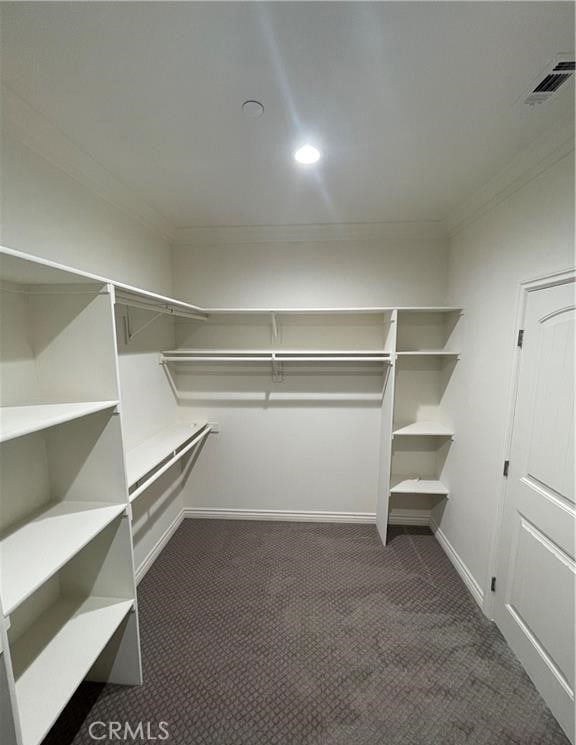 walk in closet with dark carpet