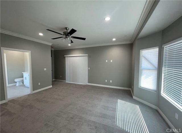 interior space featuring light carpet, ornamental molding, and ceiling fan