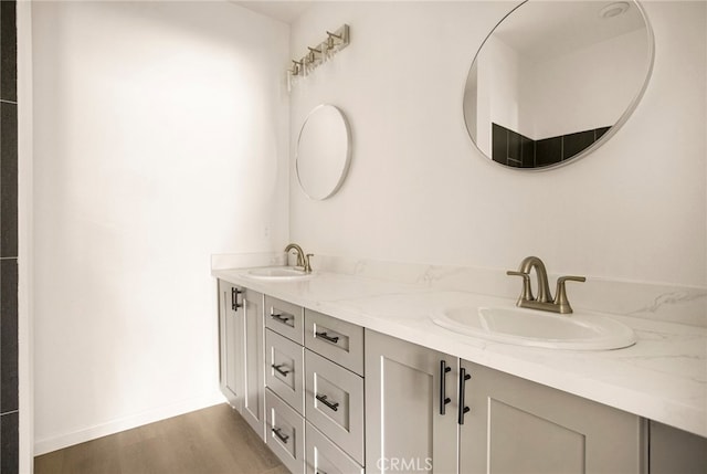 bathroom with vanity and wood-type flooring