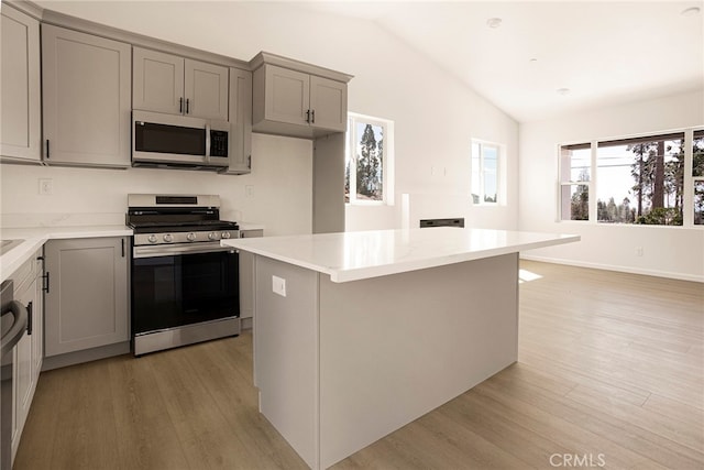 kitchen with a center island, stainless steel appliances, light wood-type flooring, and vaulted ceiling