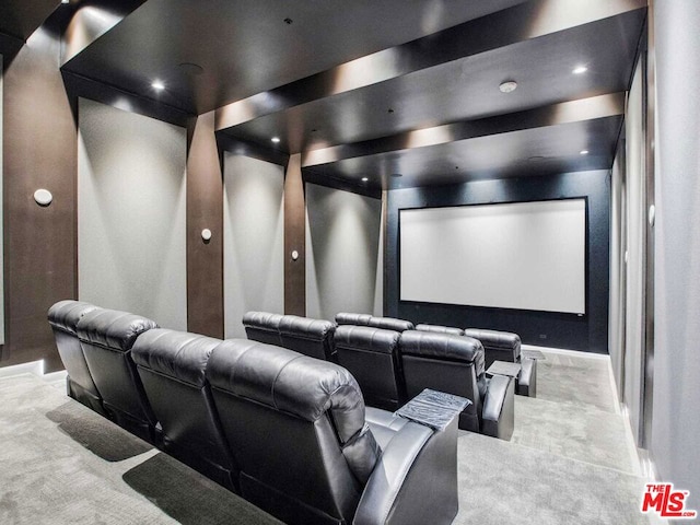 home theater featuring light colored carpet