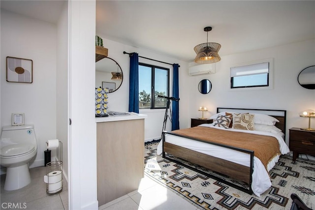 tiled bedroom with an AC wall unit