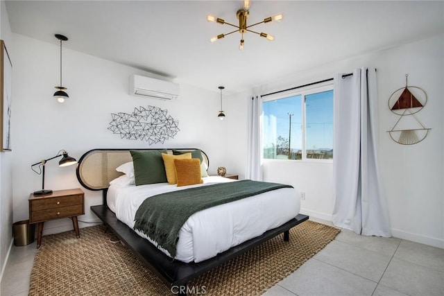 bedroom featuring tile patterned floors, a wall mounted AC, and an inviting chandelier