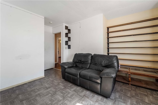 living room with dark parquet floors