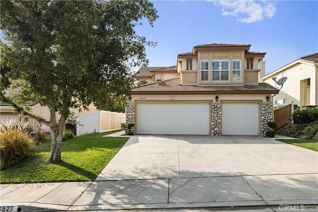 26527 Cardinal Dr, Canyon Country, CA 91387 - traditional-style home with a front lawn, a tiled roof, concrete driveway, fence, and stucco siding