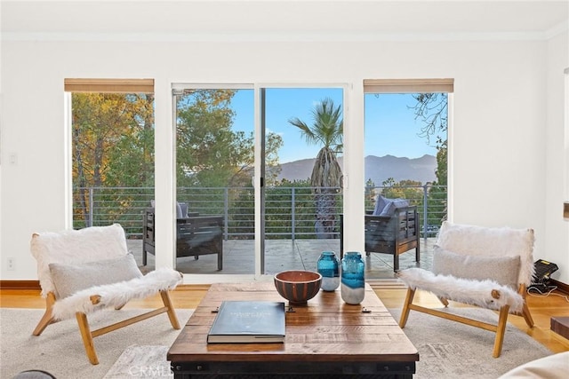 interior space with a mountain view