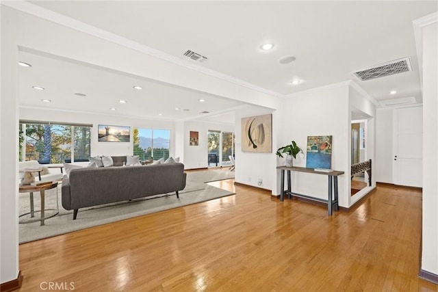 living room featuring light hardwood / wood-style floors and ornamental molding