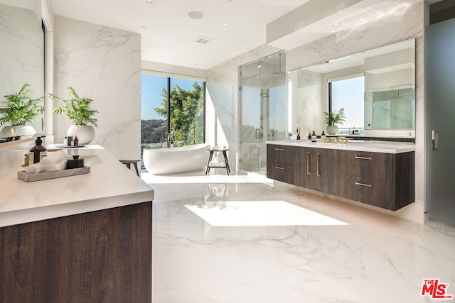 bathroom with separate shower and tub and vanity