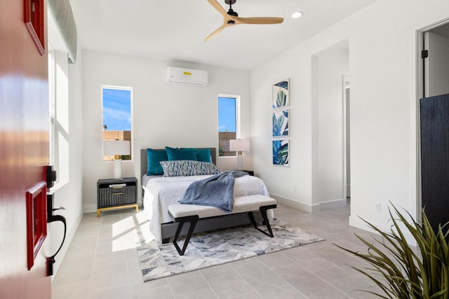 bedroom featuring ceiling fan, light tile patterned flooring, and a wall unit AC