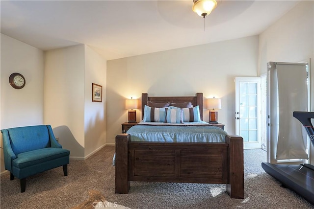 bedroom with carpet, vaulted ceiling, and ceiling fan