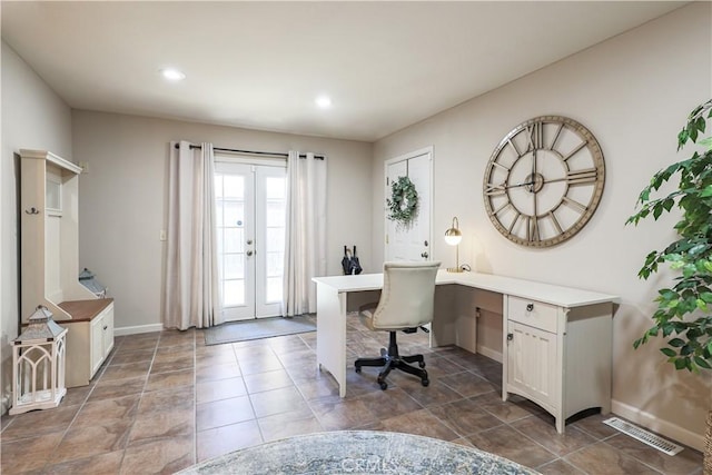 office featuring french doors and built in desk