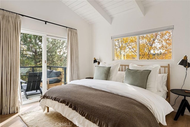 bedroom with lofted ceiling with beams, wooden ceiling, light hardwood / wood-style floors, and access to outside