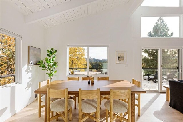 dining area featuring lofted ceiling with beams and light hardwood / wood-style flooring