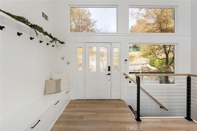 entryway with a towering ceiling, plenty of natural light, and light wood-type flooring