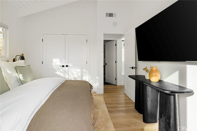 bedroom featuring lofted ceiling, light hardwood / wood-style floors, and a closet