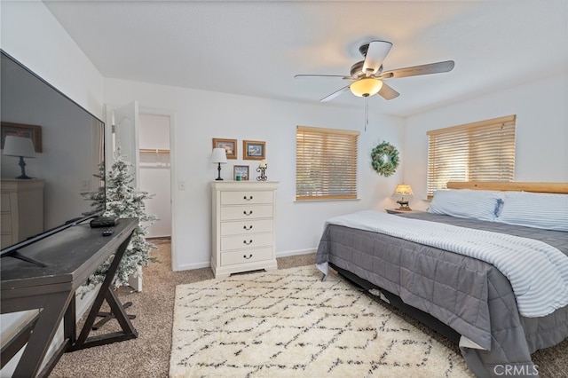 carpeted bedroom with a closet, a walk in closet, and ceiling fan