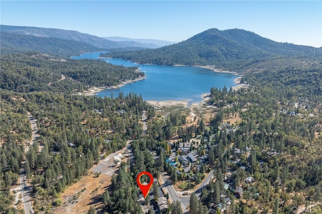 bird's eye view featuring a water and mountain view