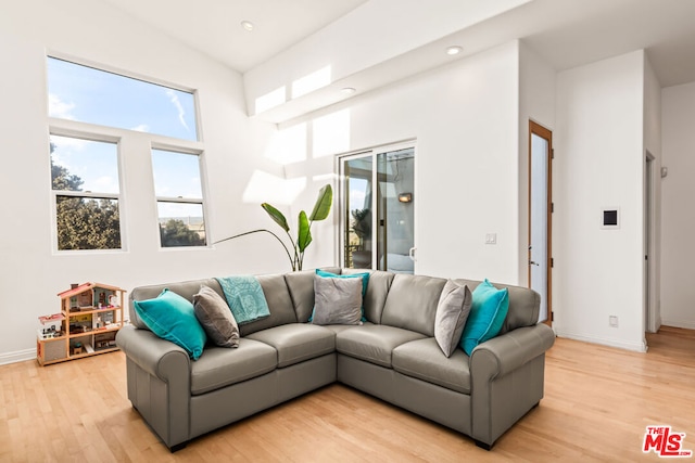 living room featuring light hardwood / wood-style floors and high vaulted ceiling