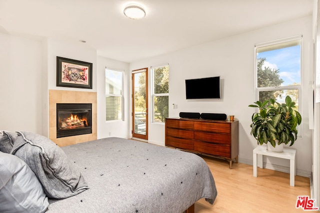 bedroom with access to outside, multiple windows, light hardwood / wood-style flooring, and a fireplace